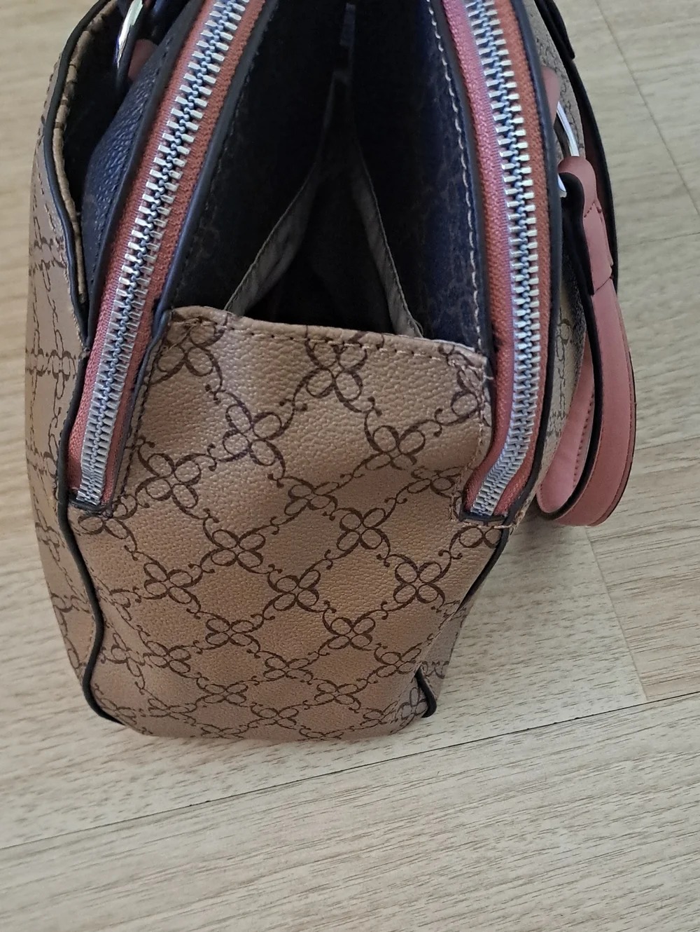 Nine West Brown Logo Satchel with Pink Handles and Dark Trim